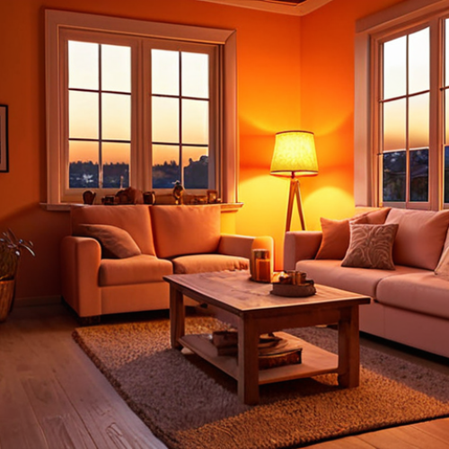 **Warm, inviting living room at sunset. Soft orange glow from lamps, cozy atmosphere.**