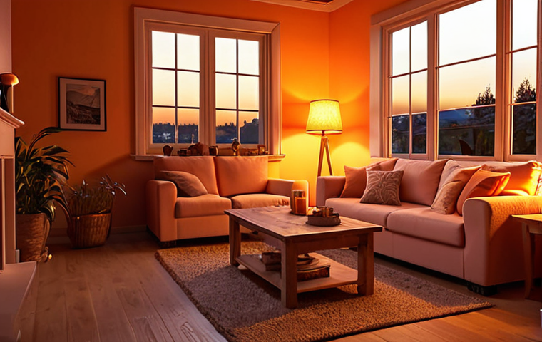 **Warm, inviting living room at sunset. Soft orange glow from lamps, cozy atmosphere.**